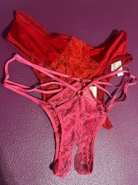 Red & Hot Pink Lace Crotchless Panties- Women Intimates